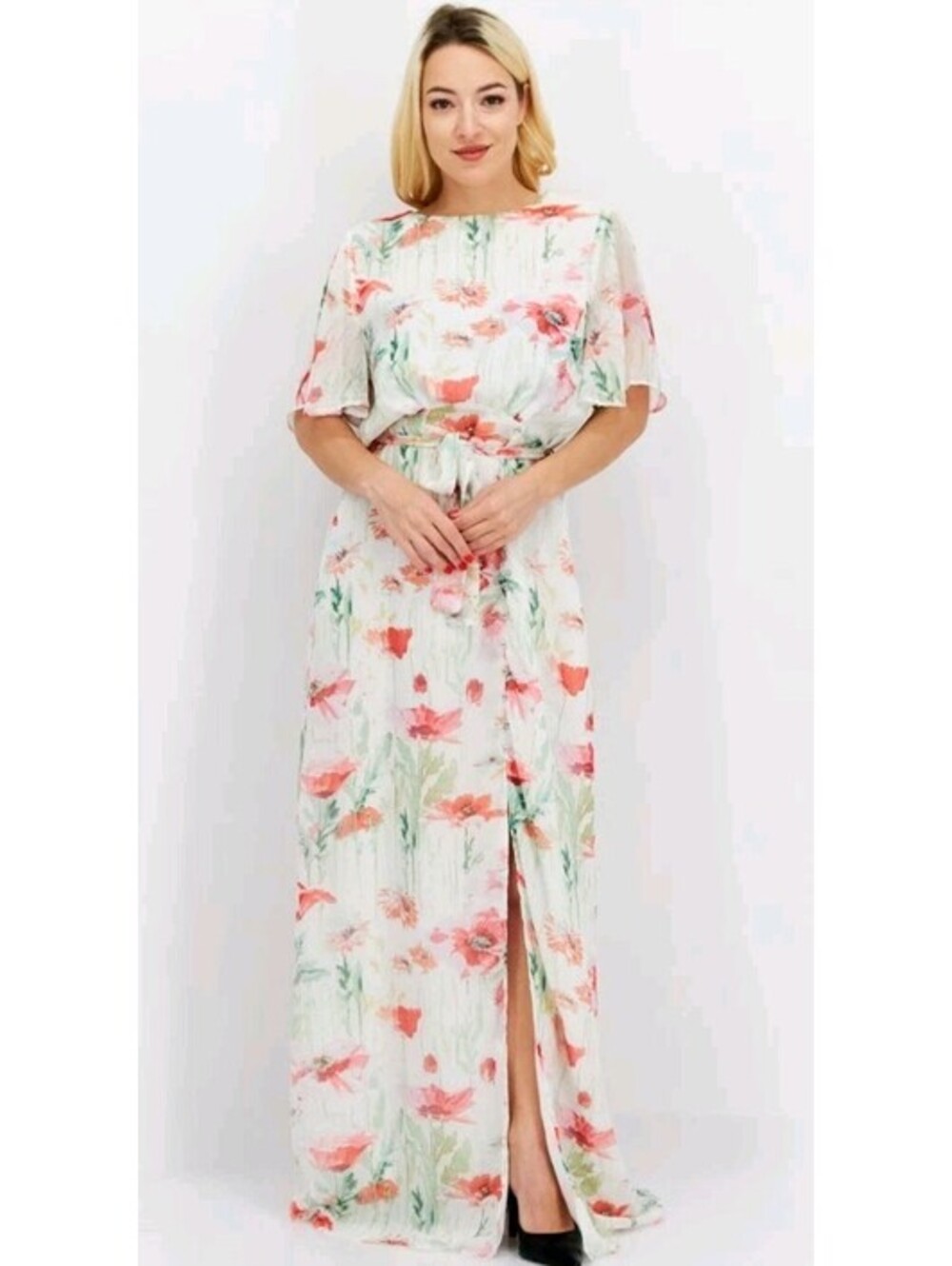 Hope & Ivy Greta Maxi Open Back Side Slit Poppy Dress Sz10 Floral Elegant
